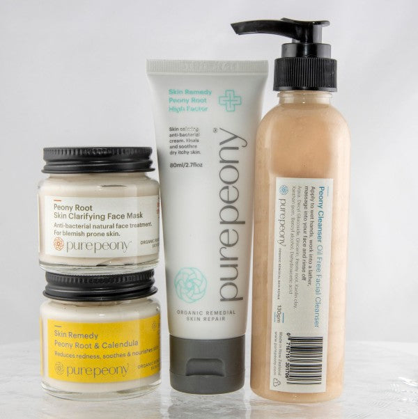 best buy for acne and rosacea acne to treat with natural peony skincare using the jar of skin clarifying face mask, calendula cream, high factor cream and peony cleanser