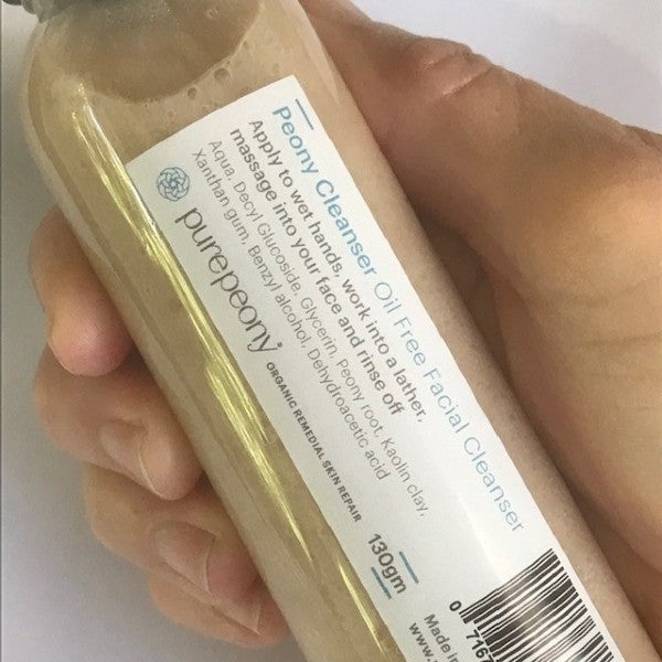 peony cleanser oil free facial cleanser for sensitive skin 130gm size held