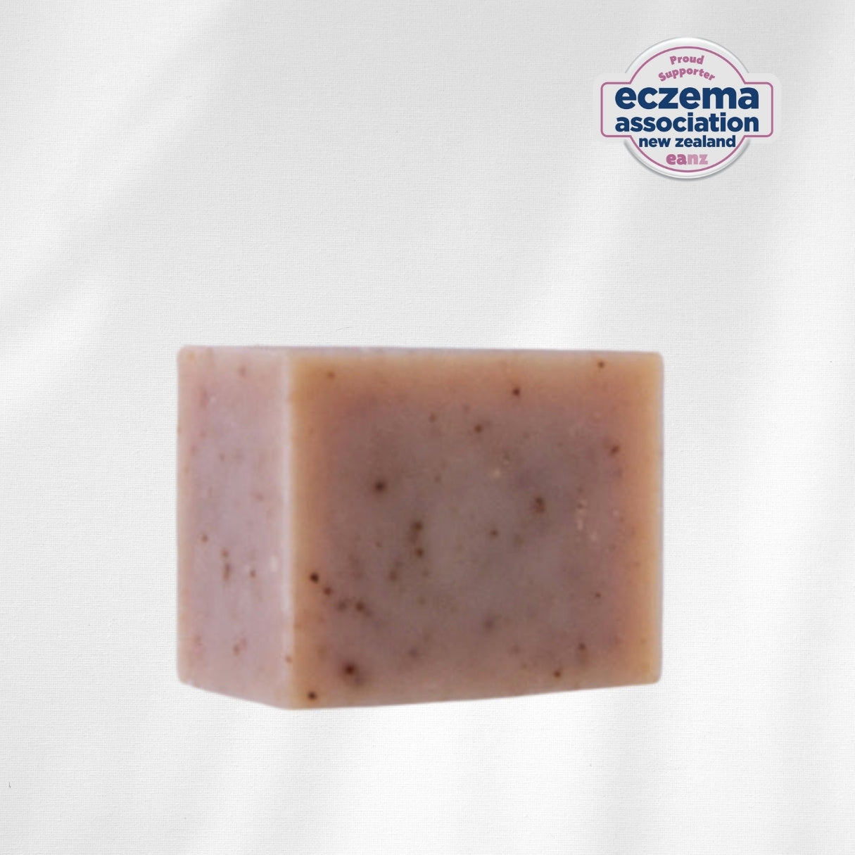 Bar of soap with a visible 'eczema association new zealand' logo on a white background