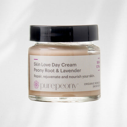 Jar of Skin Love Day Cream with Peony Root & Lavender on a white background