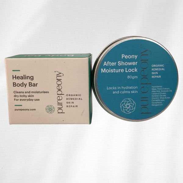 boxed healing body bar and tin of Peony After Shower Moisture Lock is the Dry Skin Relief Duo Pack from Pure Peony