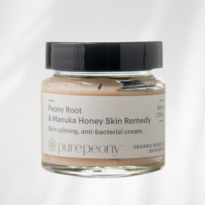 Jar of Peony Root & Manuka Honey Skin Remedy by purepeony on a white background