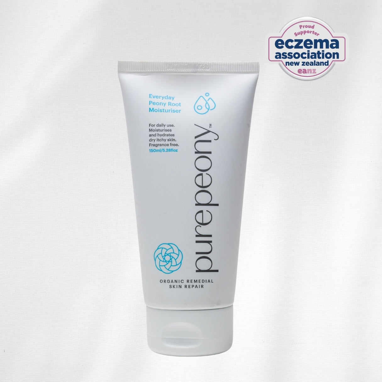 Tube of purepeony moisturiser cream with Eczema Association New Zealand logo on a white background