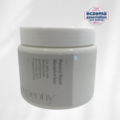 tub of peony root moisturizer with Eczema Association New Zealand logo on a white background
