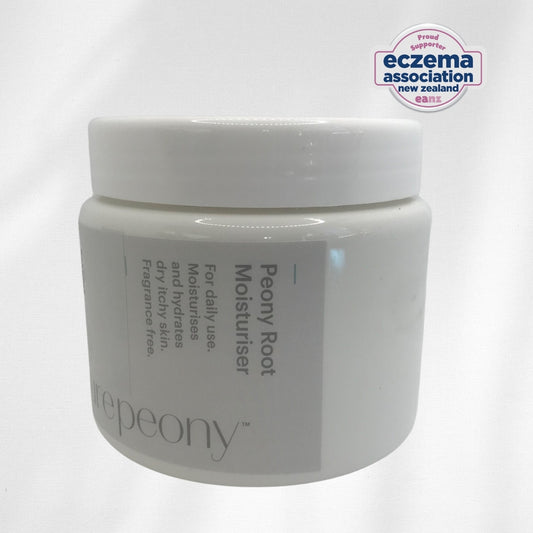 tub of peony root moisturizer with Eczema Association New Zealand logo on a white background