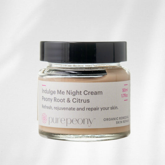 Jar of Indulge Me Night Cream with 'purepeony' branding on a white background