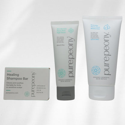 Purepeony skincare products for psoriasis relief including a shampoo bar and psoriasis treatment cream and moisturiser