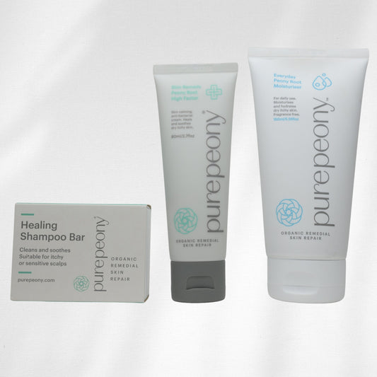 Purepeony skincare products for psoriasis relief including a shampoo bar and psoriasis treatment cream and moisturiser