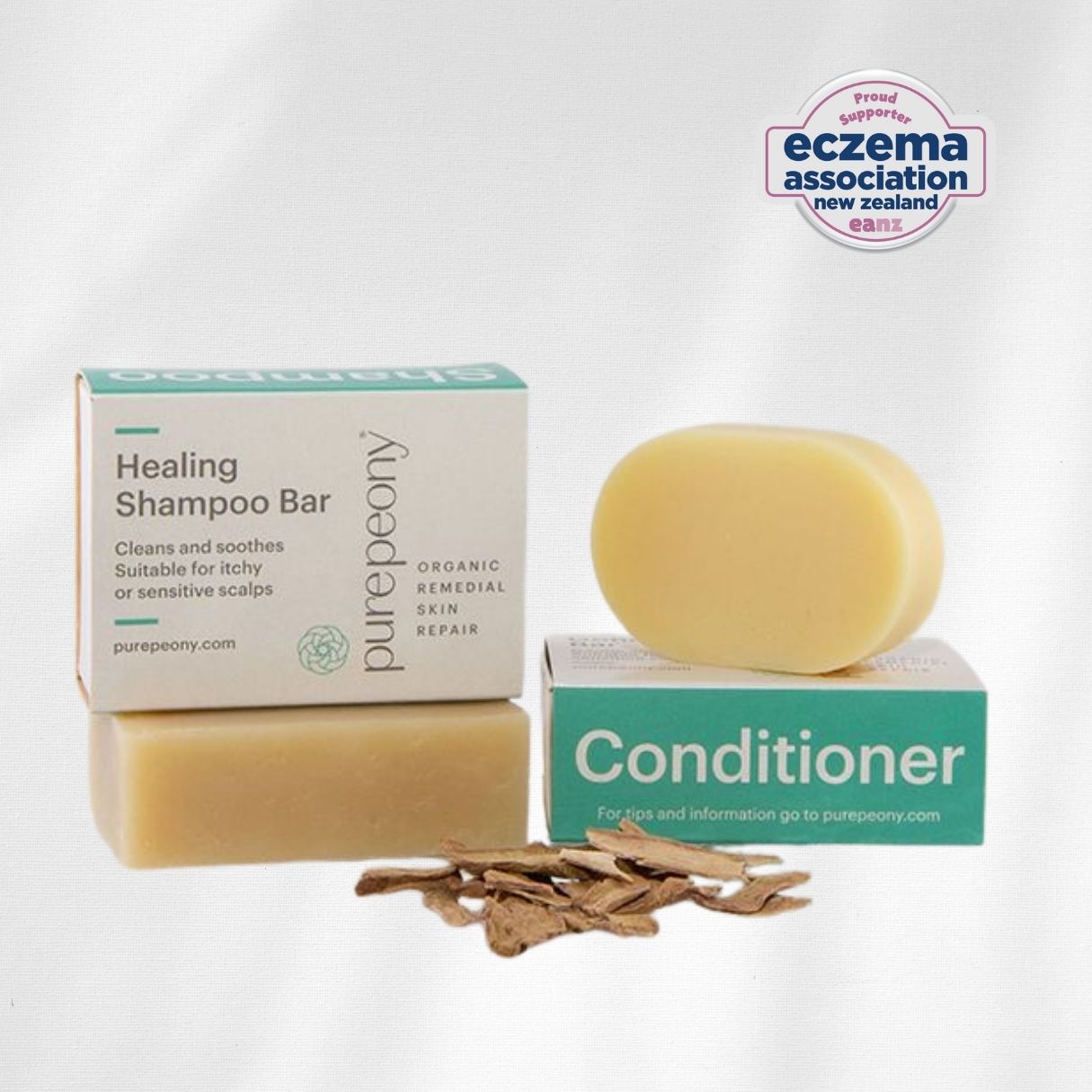 shampoo and conditioner bars with ecema logo