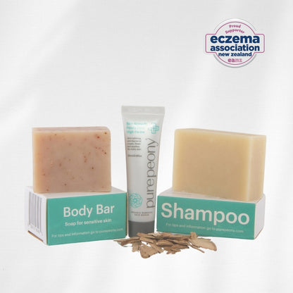 unboxed healing body bar, 20ml skin remedy, unboxed shampoo bar and peony root